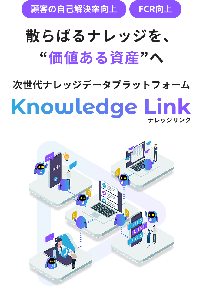 顧客の自己解決率向上 FCR向上 散らばるナレッジを、“価値ある資産”へ 次世代ナレッジデータプラットフォーム Knowledge Link ナレッジリンク